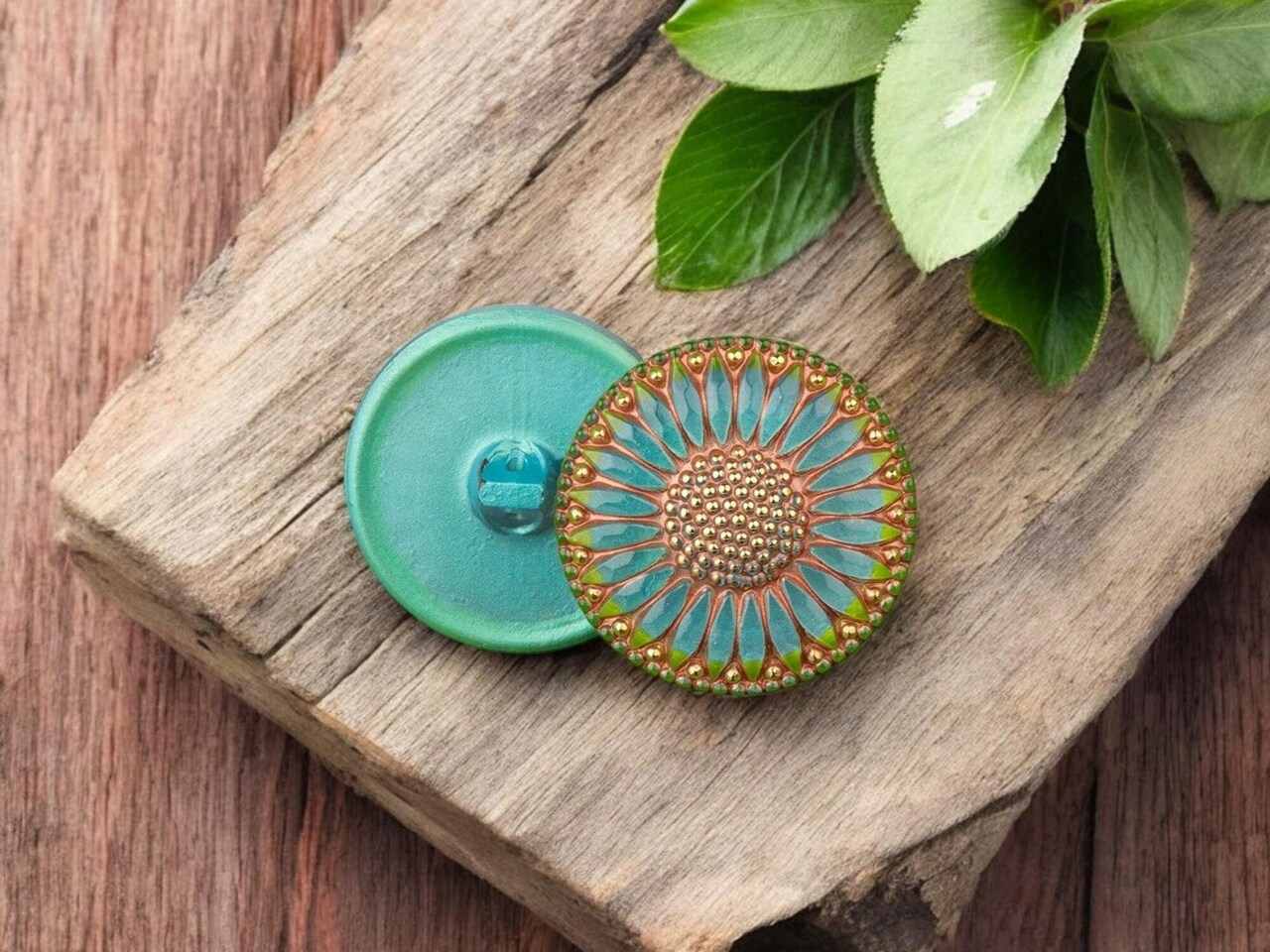 32mm Round Sunflower Aqua Blue Gaspeite Green Rim with Copper Wash and Platinum Paint - Czech Glass Buttons